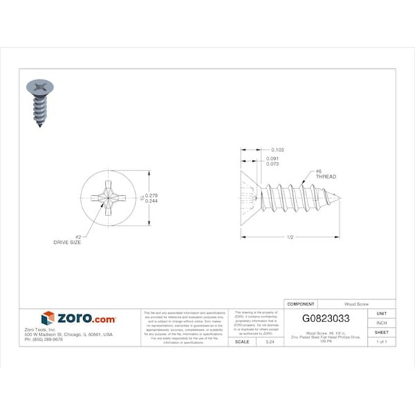 Wood Screw, #6, 1-2 in, Zinc Plated Steel Flat Head Phillips Drive, 100 PK  U25120.013.0050