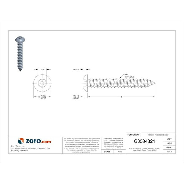 Tamper Resistant Screw, 1 in, Black Oxide Finish, Steel, Button Head Torx Drive, 25 PK