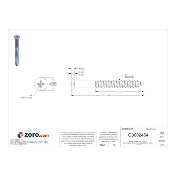 Wood Screw, No. 4, 1-1-4 in, Zinc Plated Steel Flat Head Phillips Drive, 100 PK  U25120.011.0125