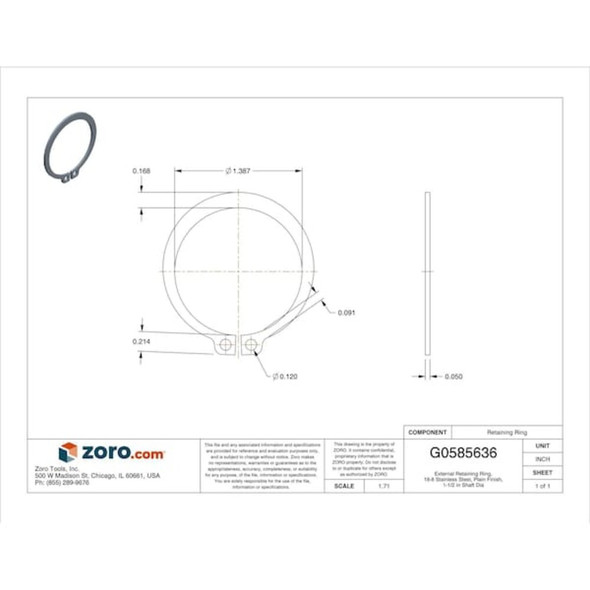 External Retaining Ring, 18-8 Stainless Steel, Plain Finish, 1-1-2 in Shaft Dia  SH-150SS