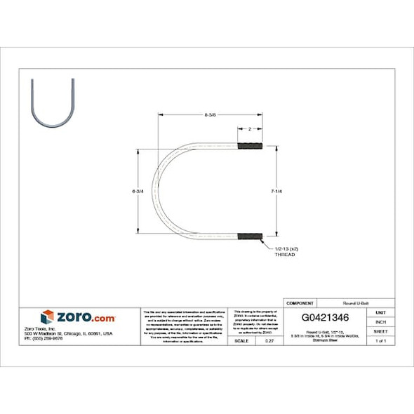 Round U-Bolt, 1/2"-13, 6 3/4 in W, 8 3/8 in H, Plain Stainless Steel