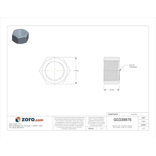 Hex Nut, 3-4"-16, Steel, Grade 5, Zinc Plated, 41-64 in Ht, 20 PK  N01330.075.0002