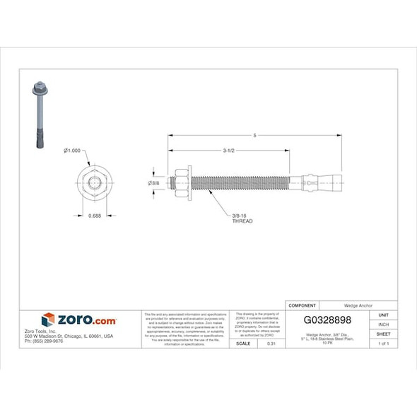 Manufacturer Varies Wedge Anchor, 3/8" Dia., 5" L, 18-8 Stainless Steel Plain, 10 PK U70420.037.0500