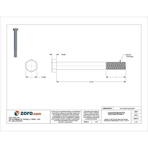 Grade 8, 3-8"-24 Hex Head Cap Screw, Zinc Yellow Steel, 3-1-2 in L, 25 PK  U04360.037.0350