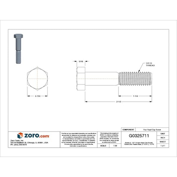 Grade 8, 1/2"-13 Hex Head Cap Screw, Zinc Yellow Steel, 2-1/2 in L, 10 PK
