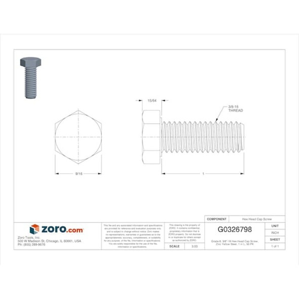 Grade 8, 3-8"-16 Hex Head Cap Screw, Zinc Yellow Steel, 1 in L, 50 PK  N04104.037.0100