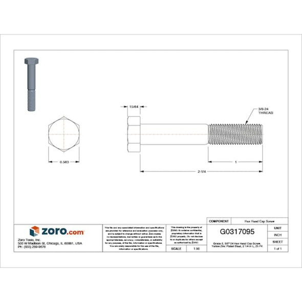 Grade 8, 3-8"-24 Hex Head Cap Screw, Zinc Yellow Steel, 2-1-4 in L, 25 PK  N04360.037.0225