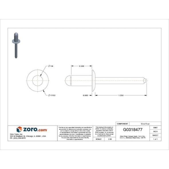 Blind Rivet, Dome Head, 1-4 in Dia., 1-2 in L, Stainless Steel Body, 100 PK  U34142.025.0084