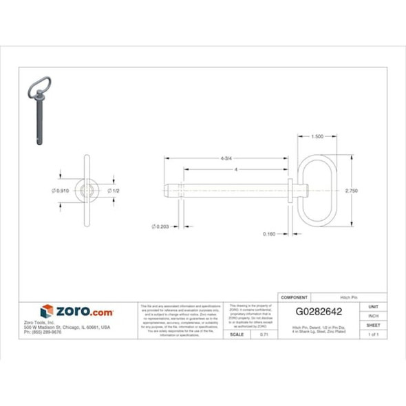 Cotterless Hitch Pin, 1-2 in Dia, 6 in Usable L, Steel, 1 PK  U39666.050.0400