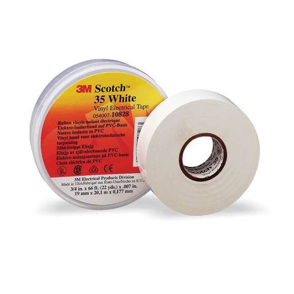 Vinyl Electrical Tape, 35, Scotch, 3/4 in W x 66 ft L, 7 mil thick, White