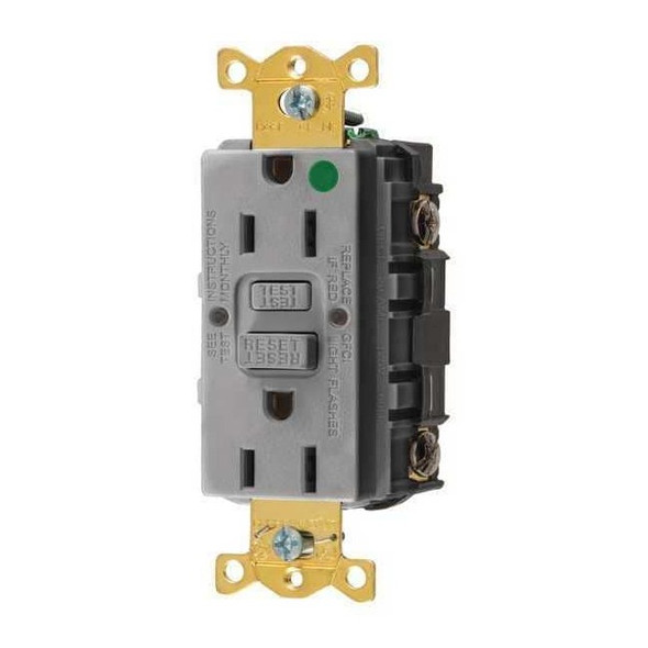 Hubbell Wiring Device-Kellems GFCI Receptacle, 15A, 125VAC, 5-15R, Gray GFR82GRY