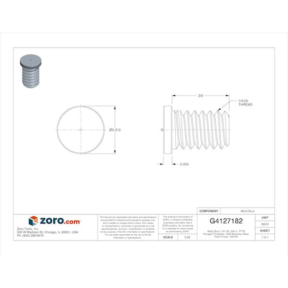 Weld Stud, 1/4"-20, 3/8 in, TFTS Flanged Threaded, 18-8 Stainless Steel, Plain Finish, 100 PK