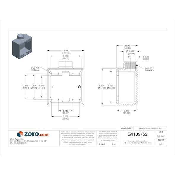 Weatherproof Electrical Box, 45 cu in, FD Box Type, 2 Gangs, Malleable Iron, Rectangular Shape