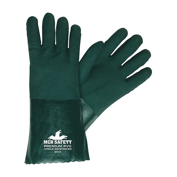 6414 Chemical Resistant Gloves, PVC, 14 in L, Not Rated, Green, L, 12 PK