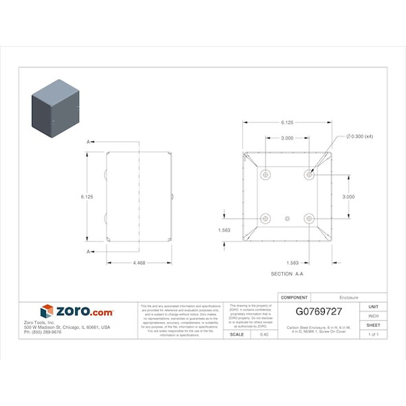Wiegmann Captive Screws Electrical Enclosures, 6 in H, 4 in D, 6 in W, 1, Steel SC060604NK