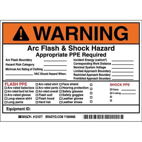 Brady Arc Flash Protection Label,5 In. H,PK5, 121077 121077