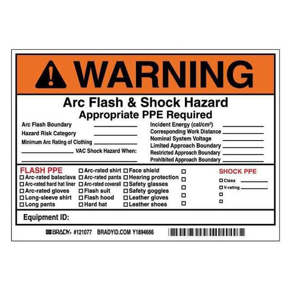 Brady Arc Flash Protection Label,5 In. H,PK5, 121077 121077