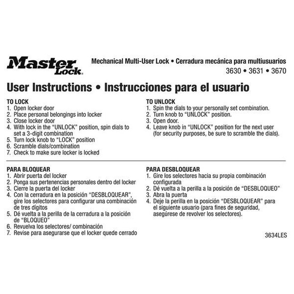 Master Lock Instruction Sticker, English/Spanish, PK10 3634LES