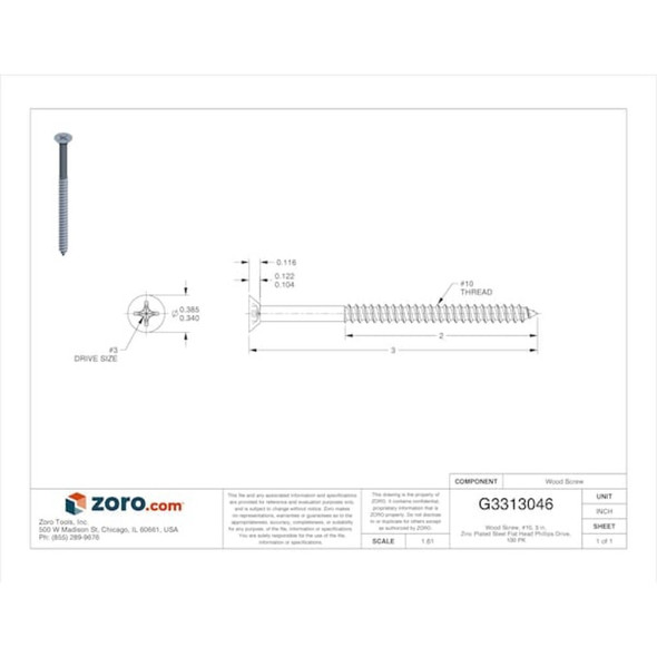 Wood Screw, No. 10, 3 in, Zinc Plated Steel Flat Head Phillips Drive, 100 PK  U25120.019.0300