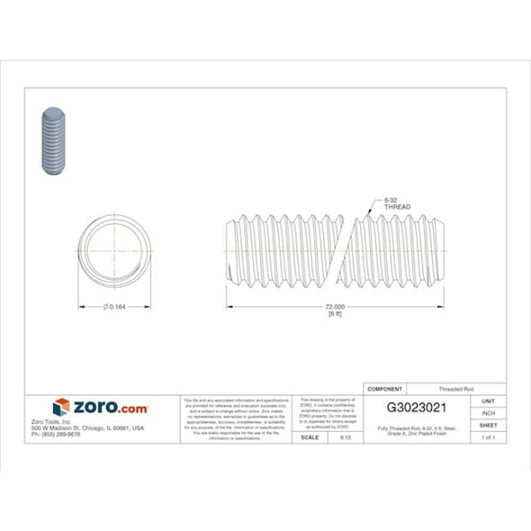 Fully Threaded Rod, 8-32, 6 ft, Steel, Grade A, Zinc Plated Finish  U20300.016.7200