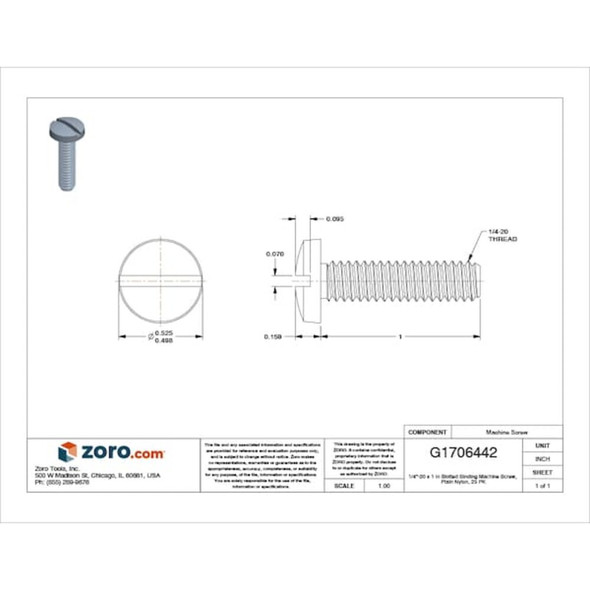 1-4"-20 x 1 in Slotted Binding Machine Screw, Plain Nylon 6-6, 25 PK  012520B100