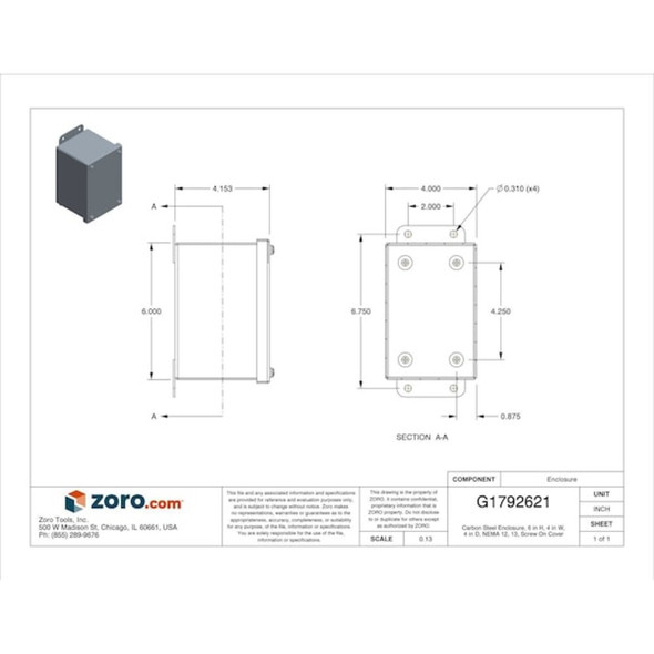 Captive Screws Electrical Enclosures, 6 in H, 4 in D, 4 in W, 12, 13, Steel  B060404SC