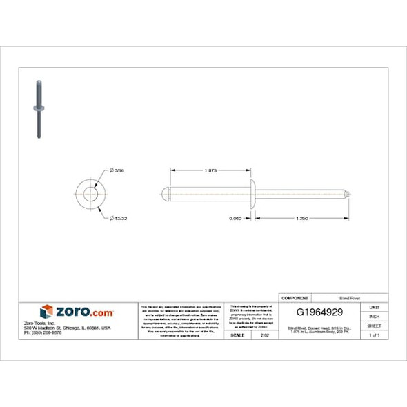 Blind Rivet, Dome Head, 3/16 in Dia., 1-5/64 in L, Aluminum Body, 250 PK