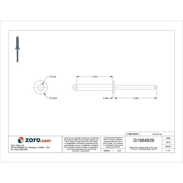 Blind Rivet, Dome Head, 3-16 in Dia., 1-5-64 in L, Aluminum Body, 250 PK  U33190.018.0614
