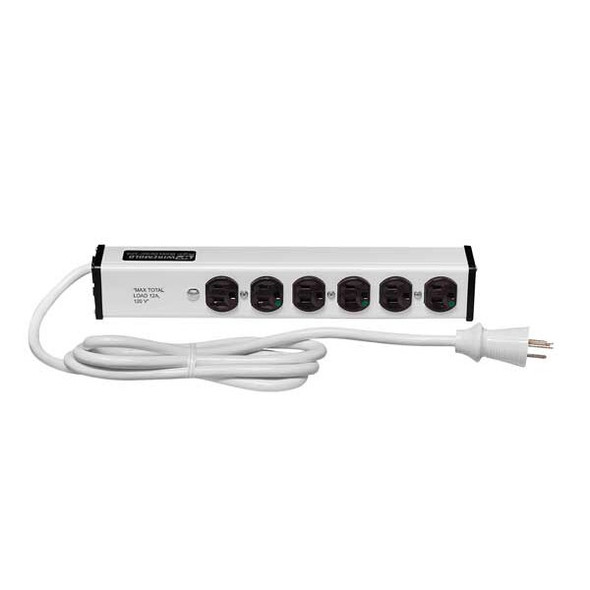 Outlet Strip, Switched, Medical Grade, 6 5-15R, 5-15P, 6 ft., White