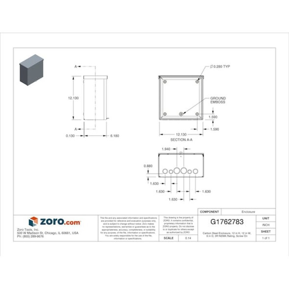 Padlockable Hasp Electrical Enclosures, 12 in H, 6 in D, 12 in W, 3R, Steel  RSC121206