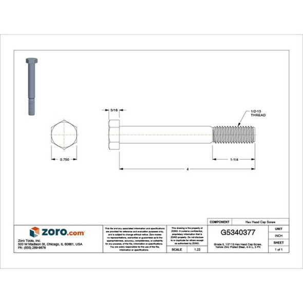 Grade 8, 1-2"-13 Hex Head Cap Screw, Zinc Yellow Steel, 4 in L, 5 PK  U04104.050.0400