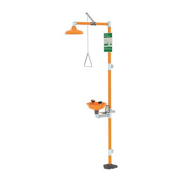 Floor-Mount Shower with Eyewash, Plastic Bowl, Covered Spray Heads, 94 3/4 in H