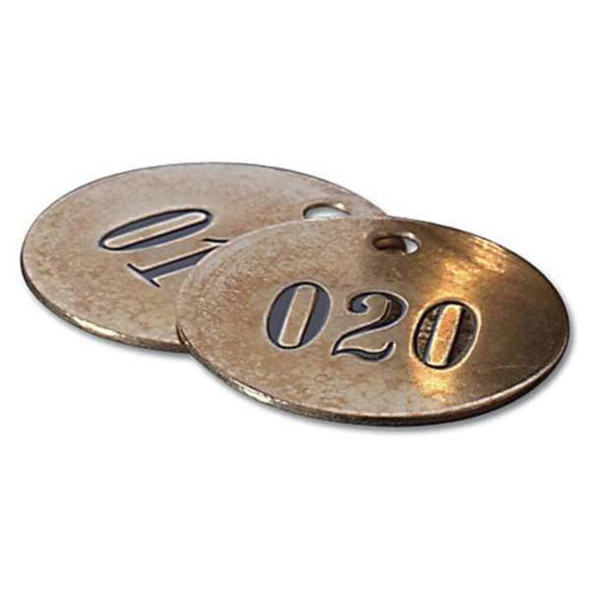 Numbered Tag, Brass, 1 in H x 1 in W, 1 in Dia., Brown, Round, 25 PK  40004