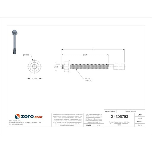 Red Head Trubolt Wedge Anchor, 3/8" Dia., 5" L, 316 stainless steel Plain, 50 PK SWW-3850