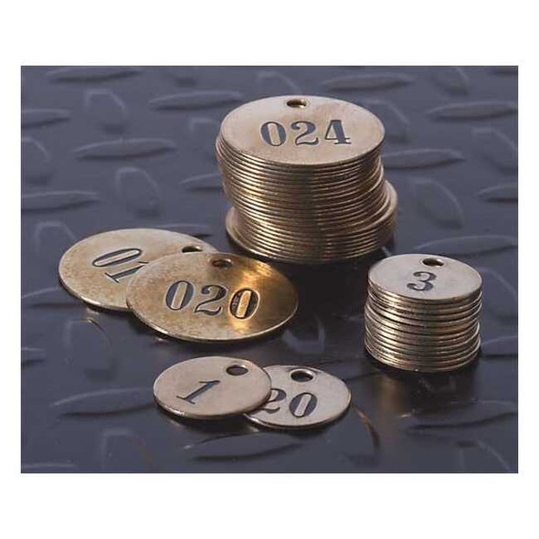 C.H. Hanson Numbered Tag, Brass, 1 in H x 1 in W, Brass, Round, 25 PK 40003