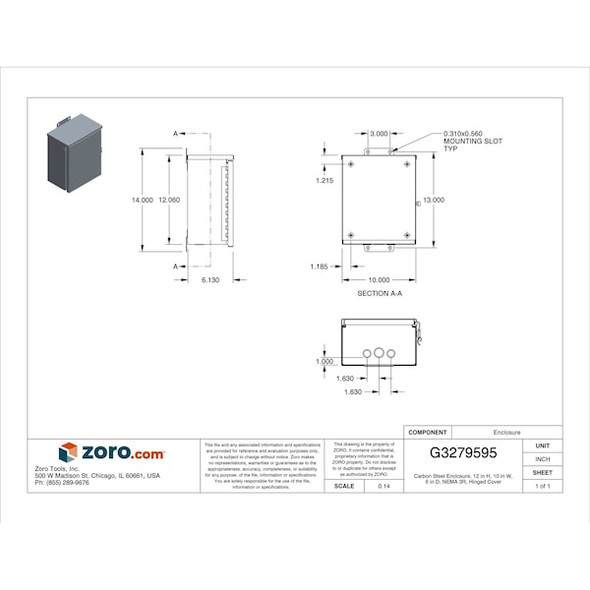 Wiegmann Padlockable Hasp Electrical Enclosures, 12 in H, 6 in D, 10 in W, 3R, Steel RHC101206