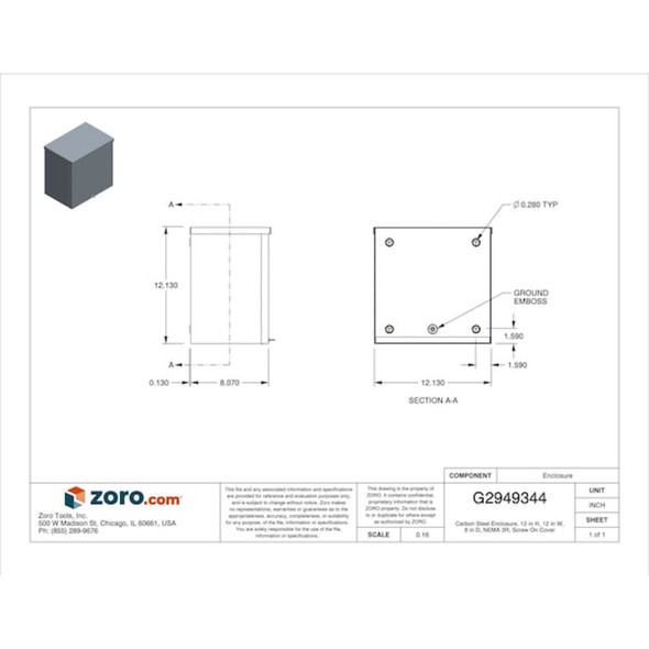 Padlockable Hasp Electrical Enclosures, 12 in H, 8 in D, 12 in W, 3R, Steel  RSC121208