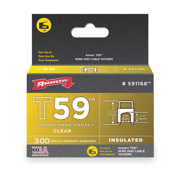 Insulated Cable Staples, T59, 0.024 x 0.048 in ga, 1/4 in Leg L, Steel, 300 PK
