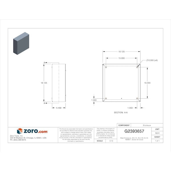 Wiegmann Captive Screws Electrical Enclosures, 18 in H, 6 in D, 18 in W, 1, Steel SC181806GNK
