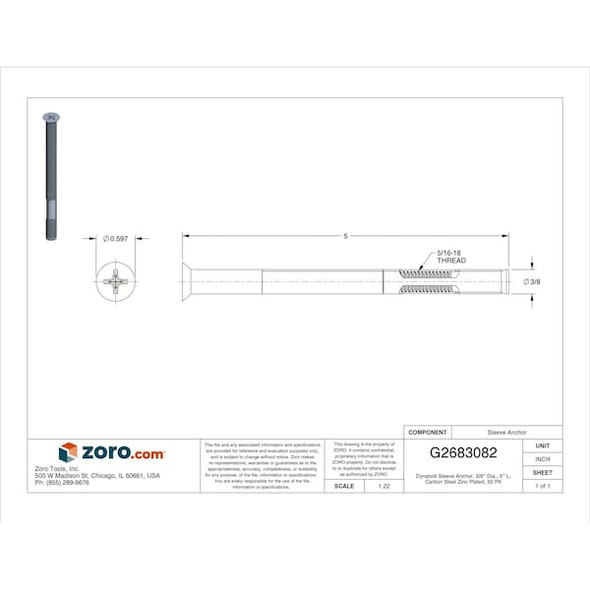 Red Head Dynabolt Sleeve Anchor, 3/8" Dia., 5" L, Carbon Steel Zinc Plated, 50 PK FS-3850