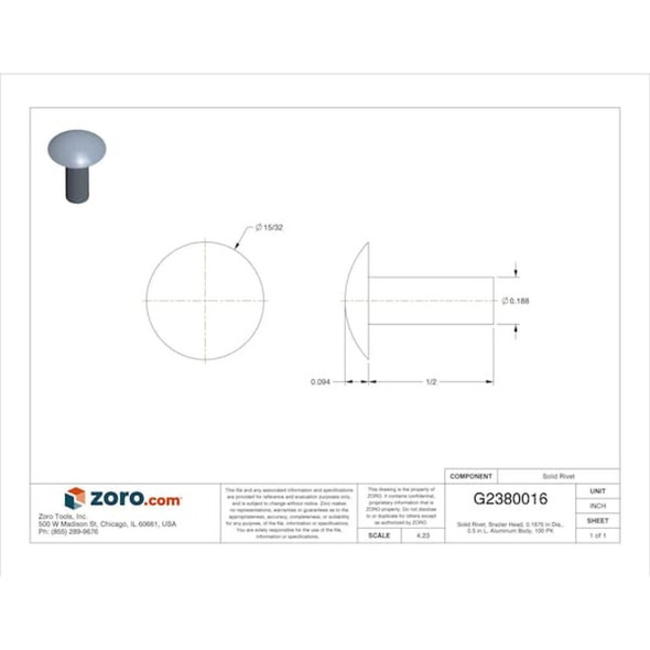 Solid Rivet, Brazier Head, 0.1875 in Dia., 0.5 in L, Aluminum Body, 100 PK  55A0608-EA-100