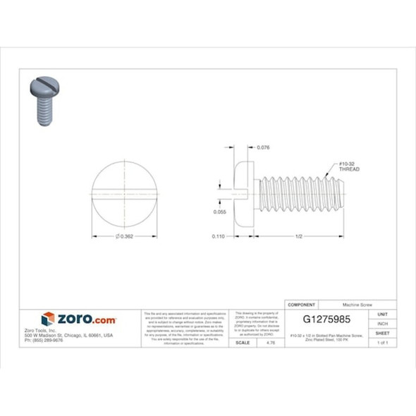 No. 10-32 x 1-2 in Slotted Pan Machine Screw, Zinc Plated Steel, 100 PK  U24520.019.0051