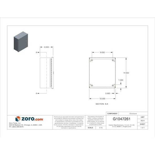 1-4 Turn Latch Electrical Enclosures, 14 in H, 6 in D, 12 in W, 1, Steel  N1C121406