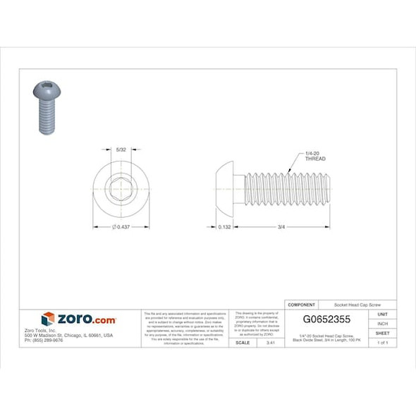 1/4"-20 Socket Head Cap Screw, Button, Black Oxide Alloy Steel, 3/4 in Length, 100 PK
