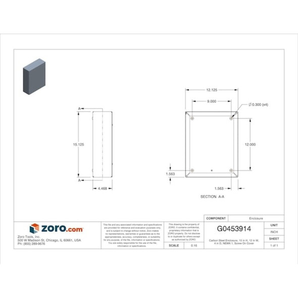 Captive Screws Electrical Enclosures, 15 in H, 4 in D, 12 in W, 1, Steel  SC121504NK