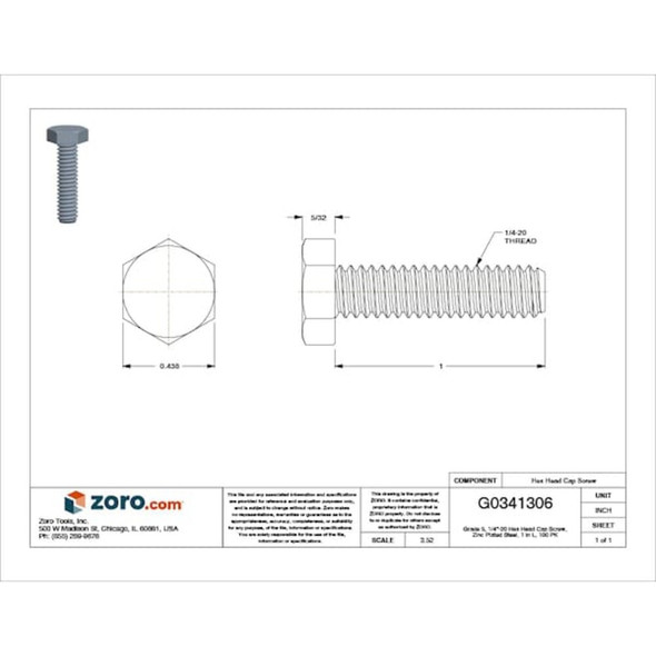 Grade 5, 1-4"-20 Hex Head Cap Screw, Zinc Plated Steel, 1 in L, 100 PK  N01200.025.0100