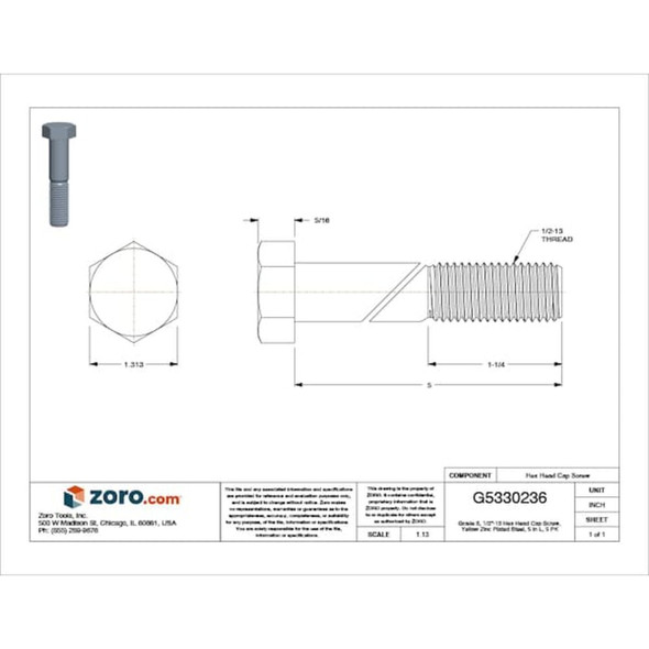 Grade 8, 1-2"-13 Hex Head Cap Screw, Zinc Yellow Steel, 5 in L, 5 PK  U04104.050.0500