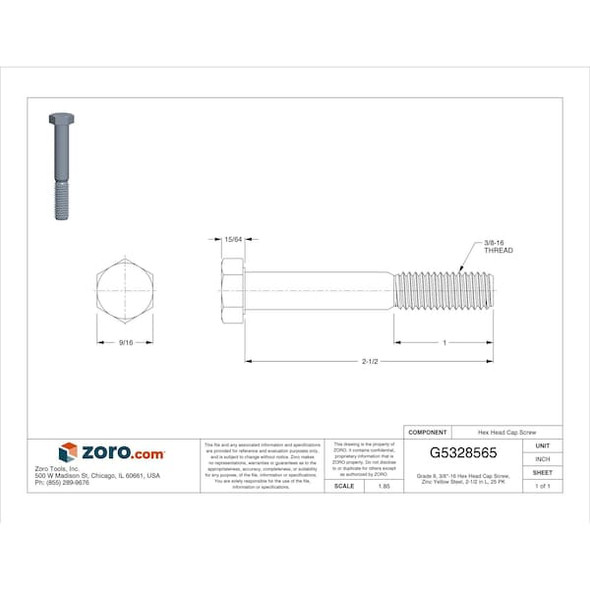 Grade 8, 3/8"-16 Hex Head Cap Screw, Zinc Yellow Steel, 2-1/2 in L, 25 PK