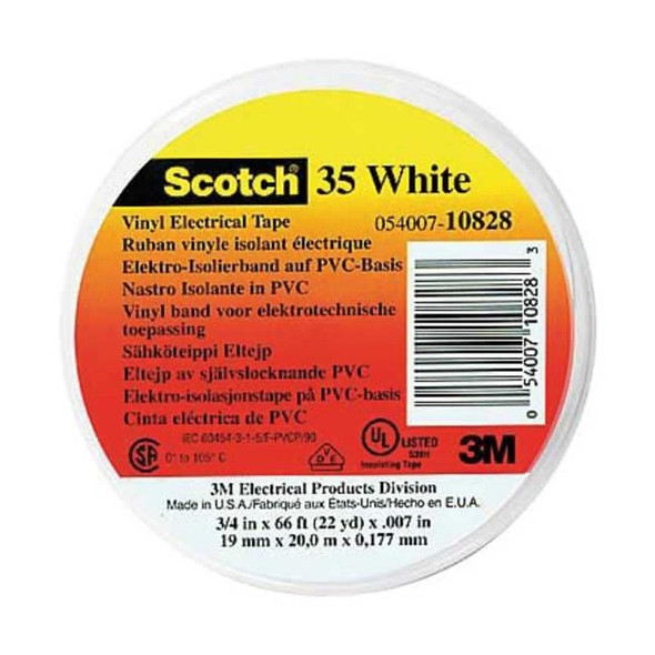 3m ElectricalTape,Wht,6-5/8ydL,1/2inW,PK100 10232