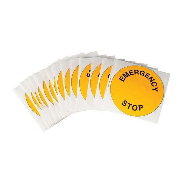 Emergency Stop Legend Plate Label, 30mm, Black on Yellow,PK25